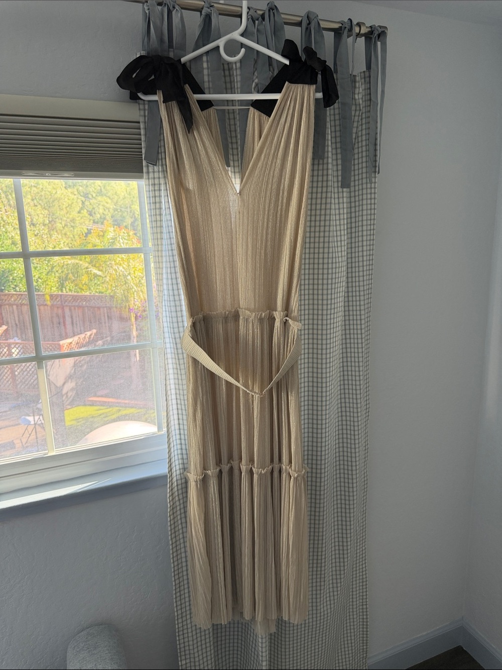Sabina Musayev Beige Tiered V-Neck Dress with Black Tie Straps